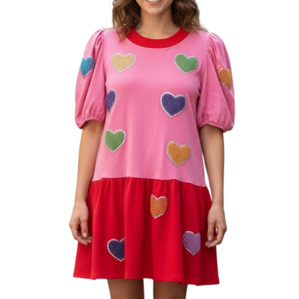 QUEEN OF SPARKLES Red & Pink Knit Dress BEADED HEARTS Tiered Puff Sleeves SIZE L